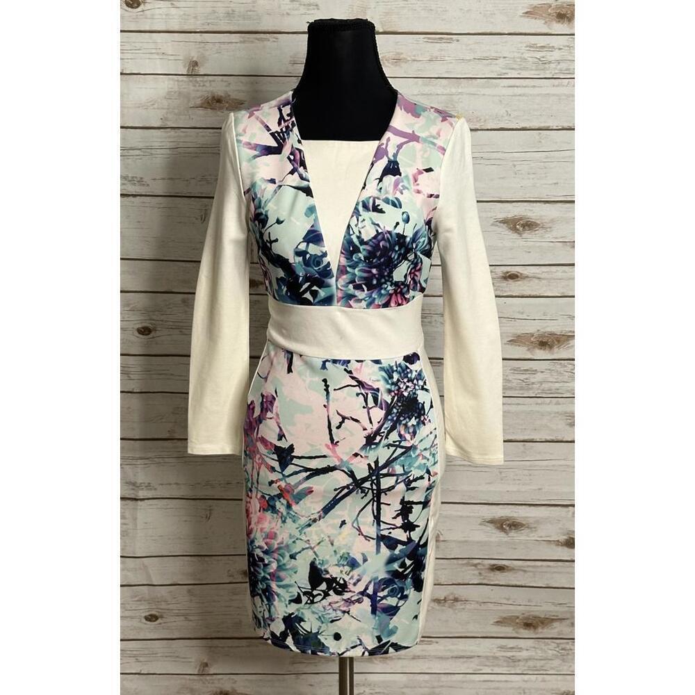 bebe Y2K cream/multicolored print inset 3/4 length sleeve bodycon dress Size S